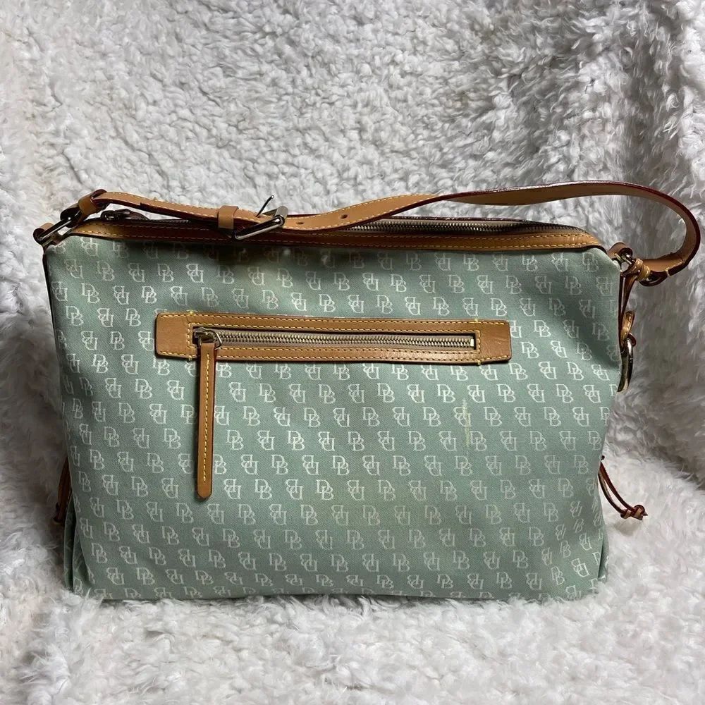 Dooney & Bourke large mint green & beige logo canvas satchel tan leather trims